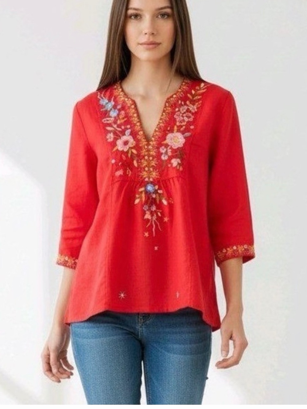 Johnny Was Lissa weekend a Red Embroidered Floral Tunic Sz Sx - Picture 13 of 13